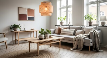 Fototapeta premium Bright, airy living room with light wood furniture, neutral tones, and abundant plants.