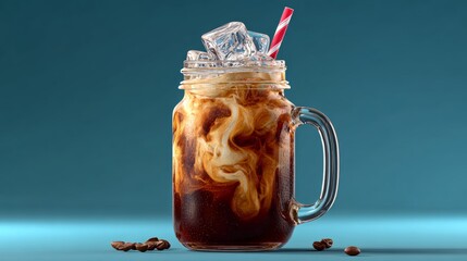 Glass of coffee with a red straw in it. The coffee is served in a glass jar