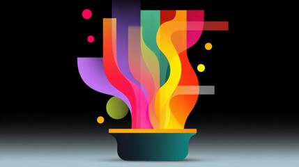 Colorful, abstract painting of a bowl with a fire inside. The painting is full of bright colors and has a sense of movement and energy. The bowl is the main focus of the painting
