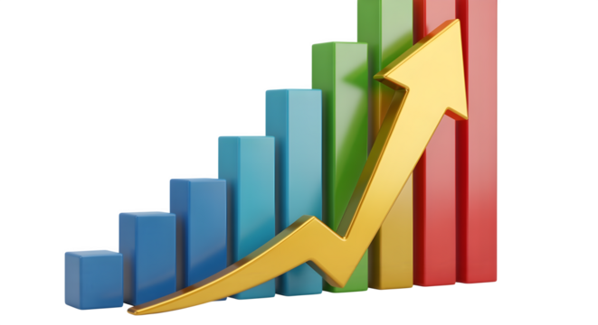 3D market performance chart with golden arrow, isolated on white background
