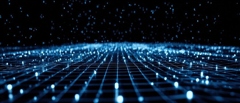 A digital landscape of blue lights and grid lines creates a futuristic and immersive atmosphere, evoking a sense of depth and technology.
