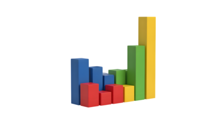 3D minimalistic bar chart in solid colors, isolated on white background