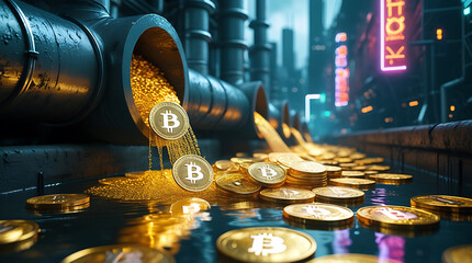 Bitcoin coins flowing from industrial pipes into a futuristic cityscape, representing the flow of digital currency in a modern, technological world.