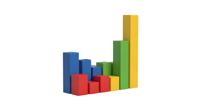 3D minimalistic bar chart in solid colors, isolated on white background