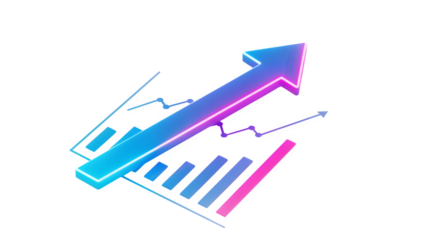 3D neon glowing arrow on chart, isolated on white background