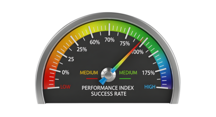 3D performance gauge chart with labels, isolated on white background