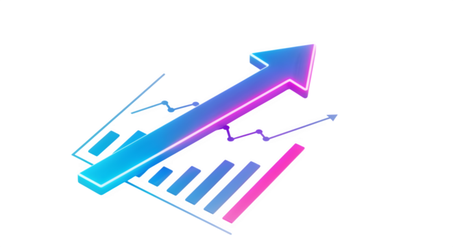 3D neon glowing arrow on chart, isolated on white background