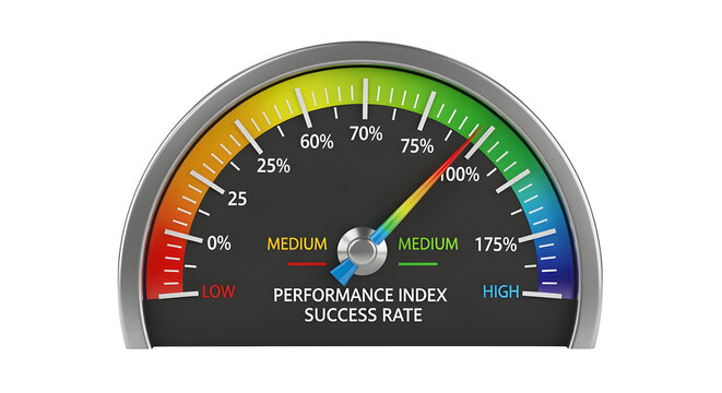 3D performance gauge chart with labels, isolated on white background