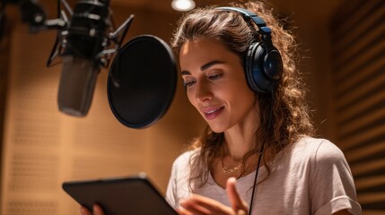 Woman Recording Voiceover in Studio for Animation Project