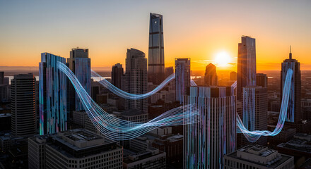 Urban Digital Data Flow Over Modern City Skyline at Sunset, Highlighting Smart City Technology and Global Network Connections