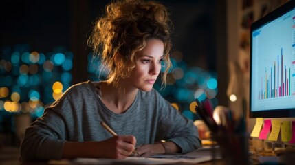Young Woman Reviewing Analytics on Computer in Cozy Night Setting