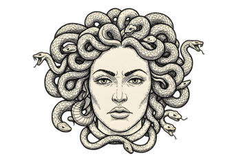 Medusa Portrait Illustration Depicting Snake Headed Woman on Isolated Black Background