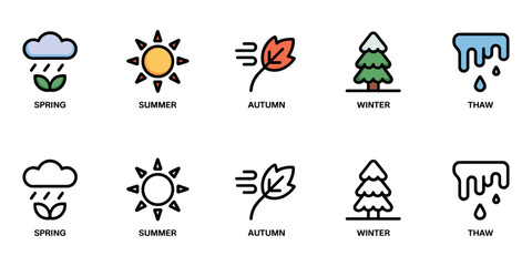 seasonal weather icon set with spring, summer, autumn, winter and thaw symbols, vector illustrations for year cycle and climate