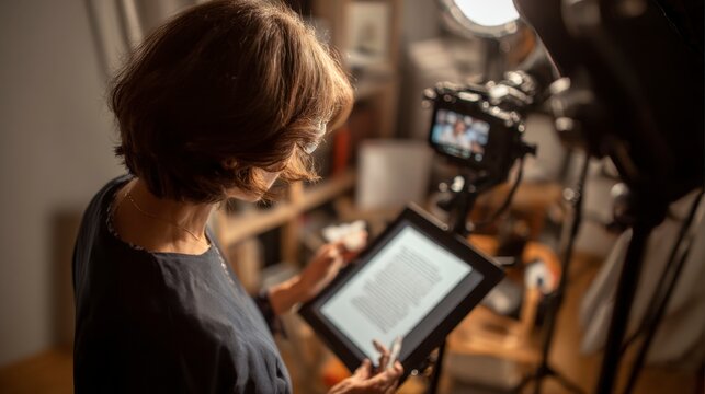 Person Preparing Script on Tablet with Teleprompter Setup