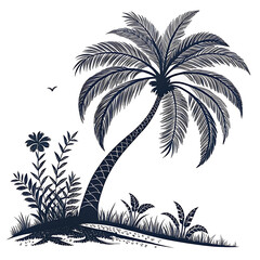 Fototapeta premium Silhouette of a curved palm tree with tropical plants and insects