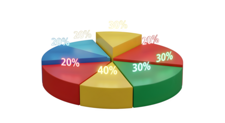 3D pie chart with glowing percentage numbers, isolated on white background