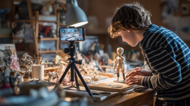 Young Person Recording Stop Motion Animation in Creative Workspace