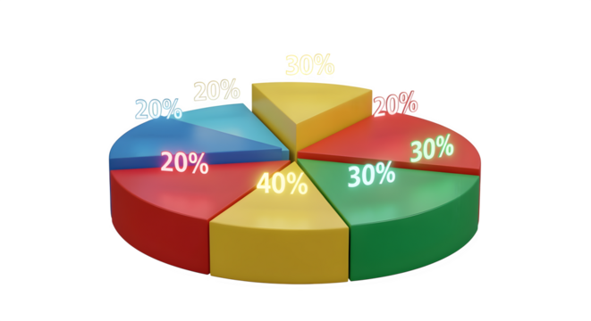 3D pie chart with glowing percentage numbers, isolated on white background