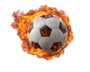 Soccer ball fire flame sports energy dynamic action photo realistic high fidelity excitement isolated transparency background intense heat burning competition power speed motion dramatic vibrant