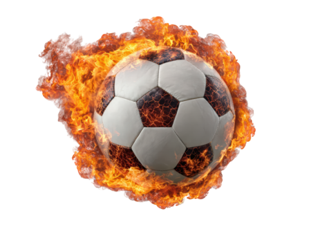 Soccer ball fire flame sports energy dynamic action photo realistic high fidelity excitement isolated transparency background intense heat burning competition power speed motion dramatic vibrant