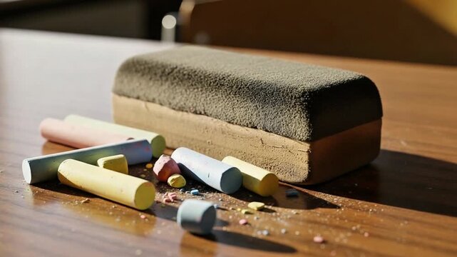 Chalk and Eraser on a Wooden Table Still Life Close Up Educational Setting