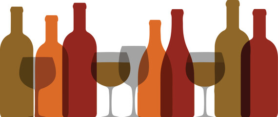 Wine bottles and glasses arranged in a colorful illustration