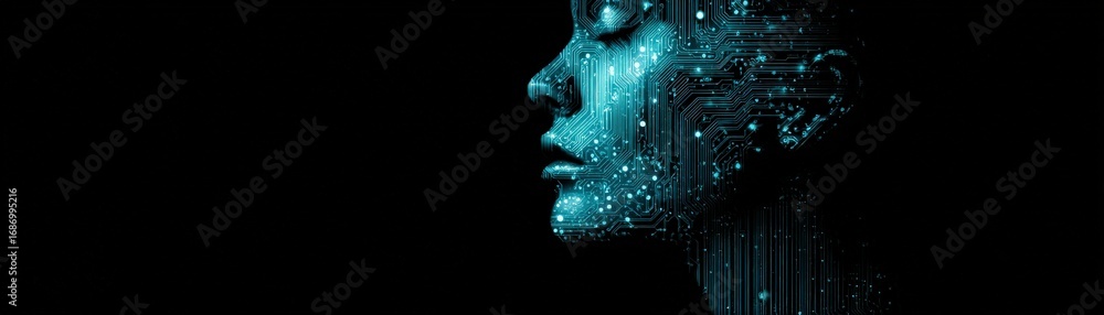 Poster a futuristic profile of a face illuminated by blue circuitry, symbolizing the intersection of techno