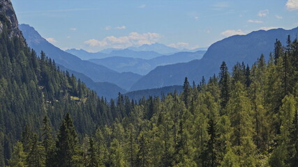 View of mountain panorama from alpine pastures over Lofer, Austria, Europe 
