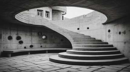 Concrete Spiral Staircase and Curved Architectural Structure with Circular Openings and Bench