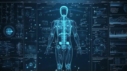 Futuristic interface displaying human body analysis and medical data visualization - Powered by Adobe