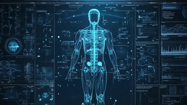 Futuristic interface displaying human body analysis and medical data visualization - Powered by Adobe