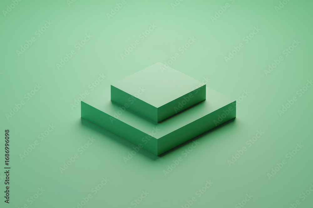Poster minimalist geometric composition with two stacked green cubes on a solid background