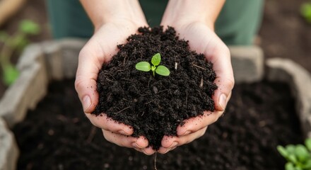 Nurturing growth: hands holding young plant in soil for sustainable gardening