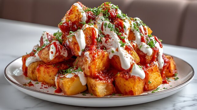 Spanish patatas bravas, golden crispy potatoes drenched in spicy tomato sauce and creamy aioli, served in a vibrant Spanish tapas bar, showcasing the perfect balance of heat and flavor