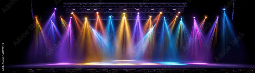 Poster a vibrant stage with colorful lights illuminating the area, creating a dynamic atmosphere perfect fo