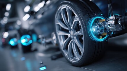 Focused view of advanced wheel alignment systems digital interface precision sensors in crisp detail blurred mechanics emphasize cuttingedge technology.