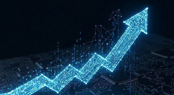 A glowing blue arrow pointing upwards with a network of lines and dots on a circuit board background