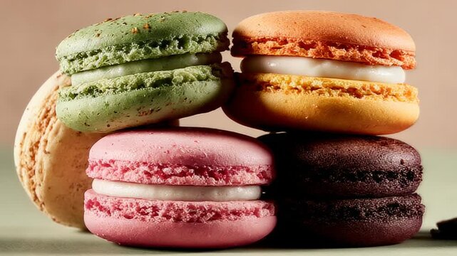 Colorful macarons stacked high