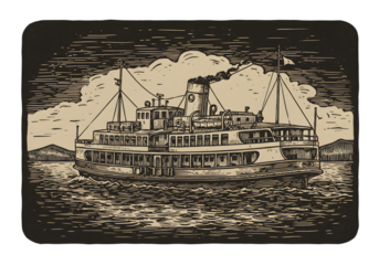 Vintage Steamboat Illustration On Textured Paper Isolated On Transparent Background
