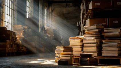 Obraz premium Sunlight streams through dusty windows illuminating stacks of old books in a dimly lit library or archive