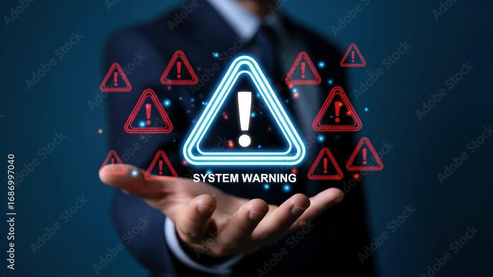 Poster a man is holding a hand up to a screen with a warning sign on it. the sign is red and yellow and has