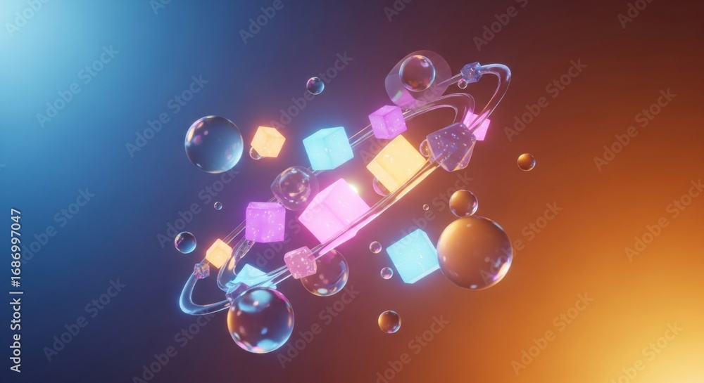 Poster abstract futuristic neon shapes in space with floating bubbles and glowing cubes