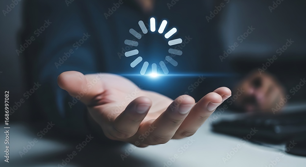 Poster a hand holding a digital loading icon with a bright light and a blurred background in a dark setting