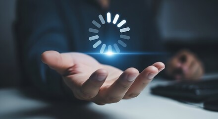 A hand holding a digital loading icon with a bright light and a blurred background in a dark setting