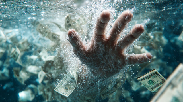 Hand reaching up through water surrounded by floating money, depicting a desperate struggle for financial escape Generative AI