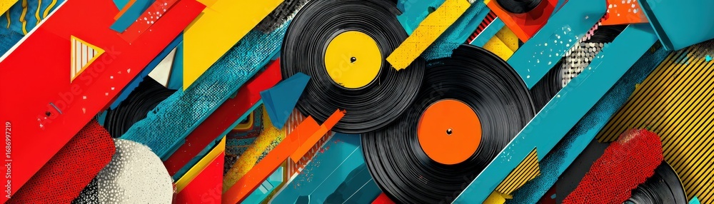 Poster a vibrant, abstract design featuring colorful geometric shapes and vinyl records, creating a dynamic