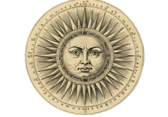Vintage Sun Face Illustration In A Circle Shape With Light Rays on Black Background