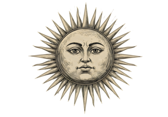 Vintage Sun Illustration on Transparent Background in Beige and Gold