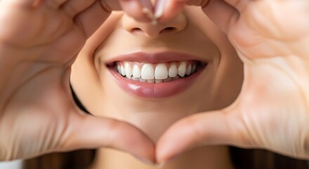 Fototapeta premium Heart-Shaped Hands Framing Radiant Smile - Close-up Portrait of a Woman.