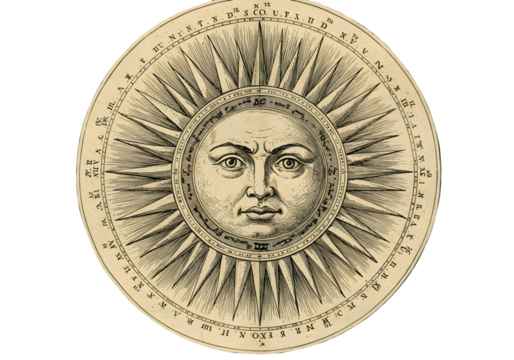 Vintage Sun Face Illustration In A Circle Shape With Light Rays on Black Background